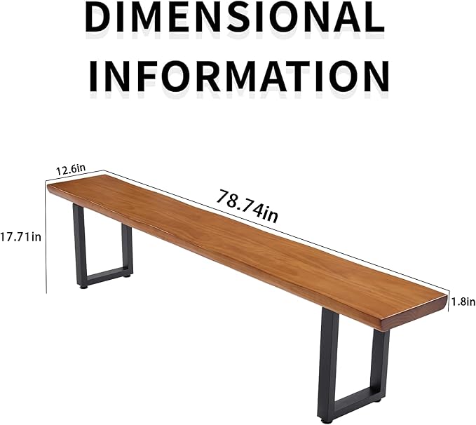 Solid Wood Top Bench with Metal Legs Durable Long Bench for Home Office Living Room Dining Room Versatile Multi Size Options Perfect Chair Stool Dining Chair (Light brown bench, 78.74in)