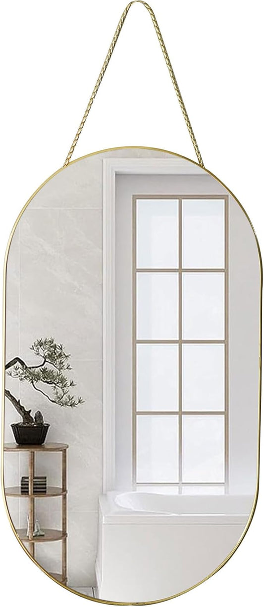 Oval Wall Mirror with Lanyard, High Definition Bathroom Mirror for Bathroom, Hallway, Living Room (Gold, 11.61x18.9inch)