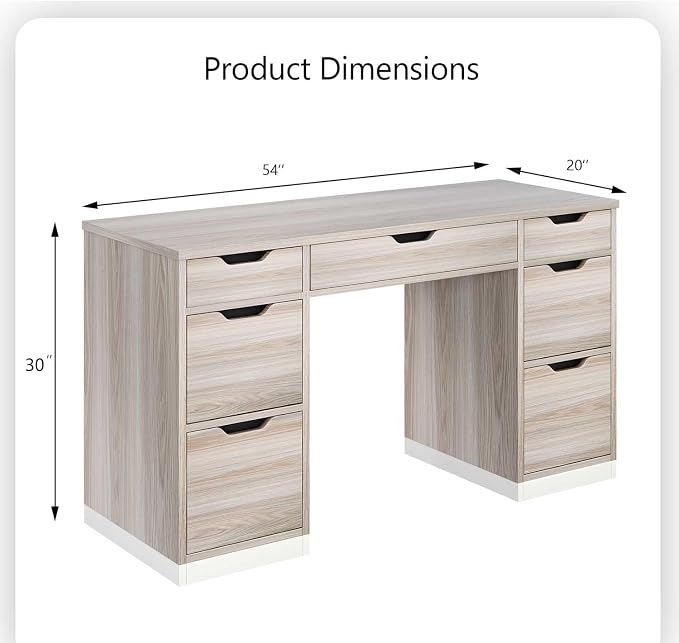 MaverickFurni 54 Inch Computer Desk with Storage Drawers, Executive Desk with 7 Drawers for Bedroom, Office Desk with File Cabinet for Work Study Writing, Small Spaces, White and Walnut