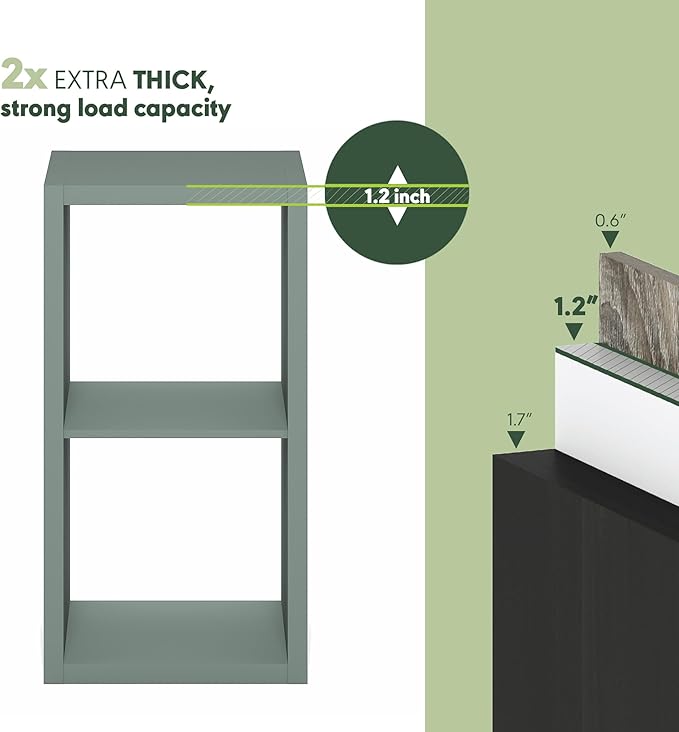 Furinno Cubicle Book Shelf, 2-Cube Bookshelf, Extra Thick Frame Horizontally & Vertically Reversible Bookcase with Open Back, 14.6" x 16" x 30", for Living Room, Bedroom, Home Office, Sage Green