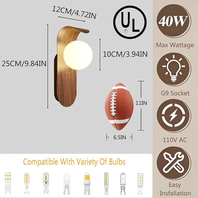 Mid Century Wall Sconce Walnut Texture Glass Globe Wall Lighting Wood Industrial Farmhouse Wall Light Bedside Indoor Retro Industrial Wall Mounted Lamp for Living Room Bedroom Bathroom