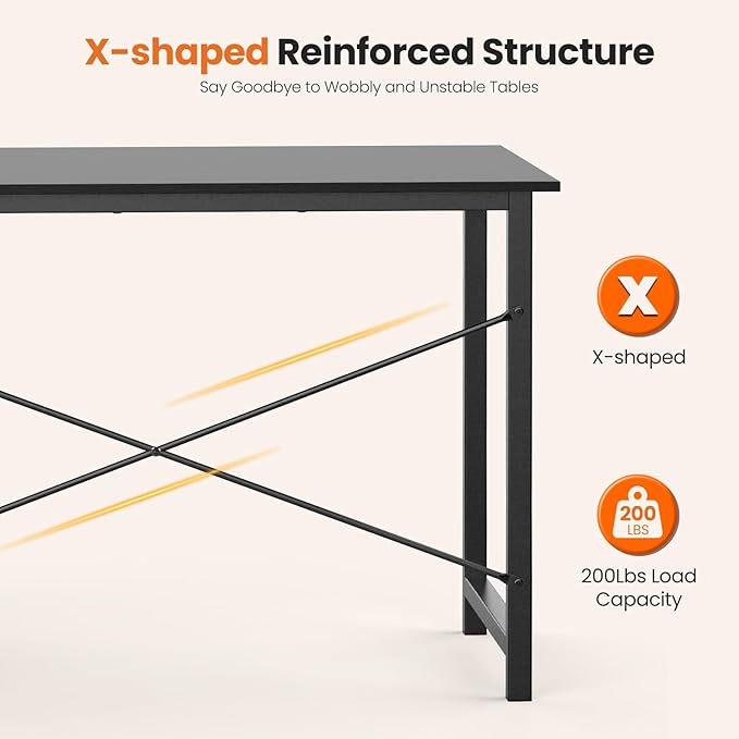 Sweetcrispy 47 Inch Computer Desk with Drawers for Home Office Writing Desk X Shaped Reinforcement Wood Surface Adjustable Position Modern Study Work Side Hook Metal Frame Storage Station Black