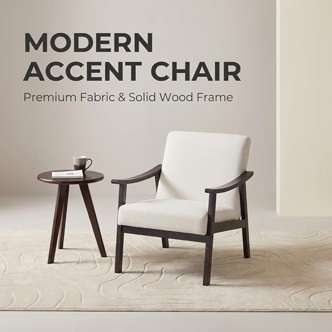 Mid-Century Modern Accent Chair, Upholstered Arm Chair Solid Wood Frame for Lounge, Living Room, Reading Room, Bedroom (Ancient White)