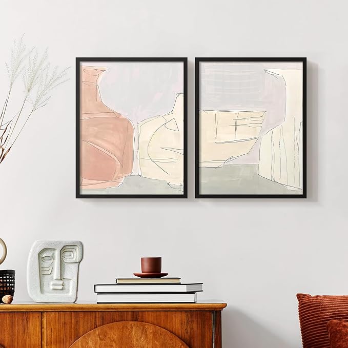 Renditions Gallery Set of 2 Peel & Stick Framed Prints, Neutral Abstract Wall Art, Soft Tones Delicate Linework Wall Decor, Re-Stickable - Ready to Hang - 11"x14" - Black Frame LT588