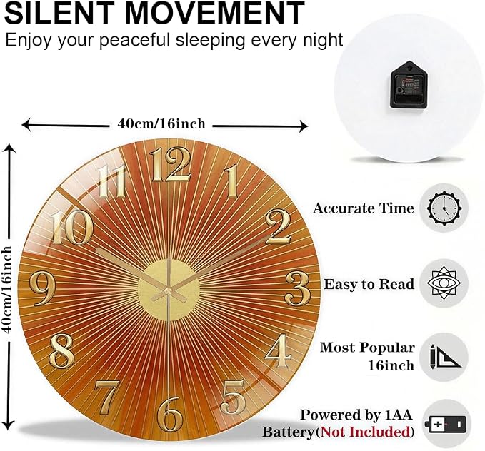 16 Inch Orange Sunburst Glass Wall Clock Silent Art Decor | Silent glossy clock with warm orange sunburst and gold numbers, accurately tracking time for your retro living room