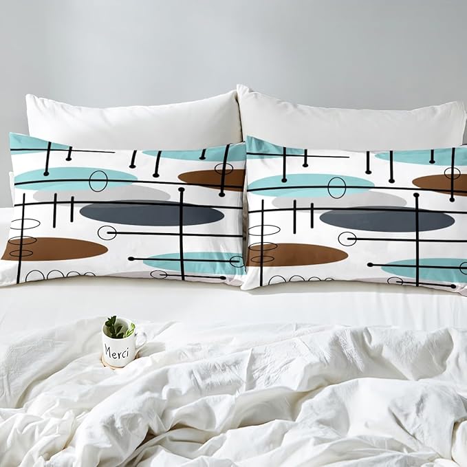 Erosebridal Mid Century Comforter Cover Modern Minimalist Bed Set, Hippie Old Fashion Duvet Cover Twin Size Abstract Artwork Bedding Sets, Aesthetic Lines Circles Bedspread Cover Teal White Grey