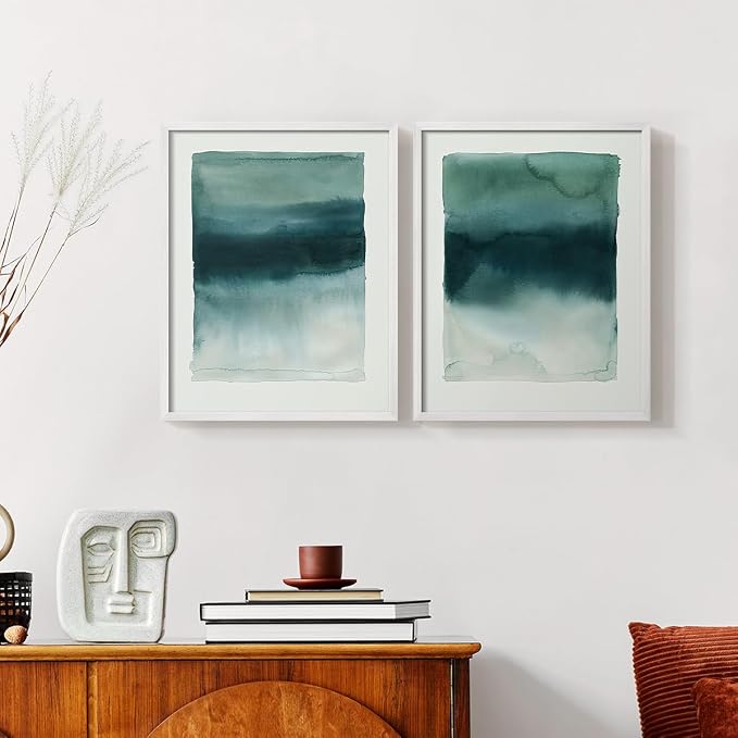 Renditions Gallery Set of 2 Peel & Stick Framed Prints, Tie Dye Abstract Wall Art, Sage Green Watercolor Horizon Wall Decor, Re-Stickable - Ready to Hang - 11"x14" - White Frame LT588