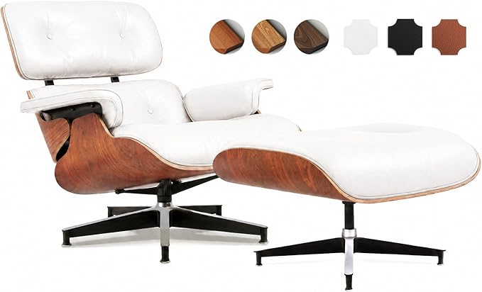 Top Grain Leather, Mid Century Chaise Lounge Chair and Ottoman, Modern Chair Classic Design, Heavy Duty Base Support for Living Room Study Lounge Office, Palisander-White, Heightening