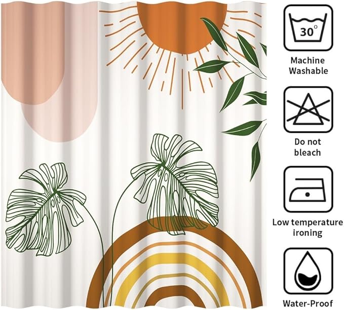 Mid Century Boho Shower Curtain for Bathroom Green Leaves Red Sun Arch Stripes Shower Curtains Modern Bohemian Abstract Bathroom Decor Set Washable Waterproof Polyester Fabric with Hooks 72x96 Inch