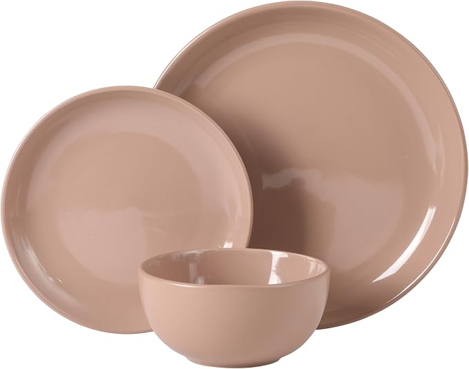 Gibson Home Rockaway 12 Piece Plates and Bowls Matte Outside/Shiny Inside Glaze Service for 4 Dinnerware Set - Pink - Dishwasher and Microwave Safe