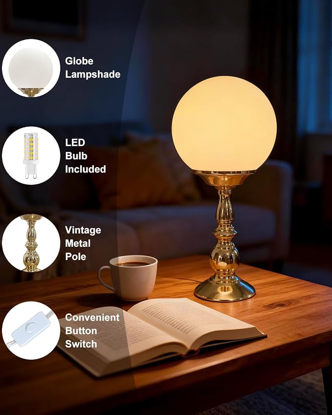 Lightdot Globe Table Lamp for Bedroom Mid Century Modern Small Desk Lamp 3000K Warmwhite Cute Nightstand Bedside Lamps for Living Room Home Office-2Pack(Gold & Black)