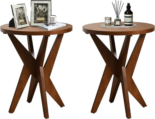 Mid-Century Modern Round End Table Set of 2, Walnut Brown Farmhouse Side Tables with MDF Top and Crossed Legs for Living Room, Bedroom, or Small Spaces