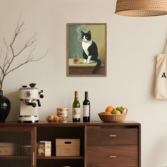 Funny Cat Wall Art Cute Black and White Tuxedo Cat with Cigarette Wall Decor Painting Vintage Animal Bar Poster Canvas Picture Print for Living Room Bedroom 16x24 inch Wood Framed