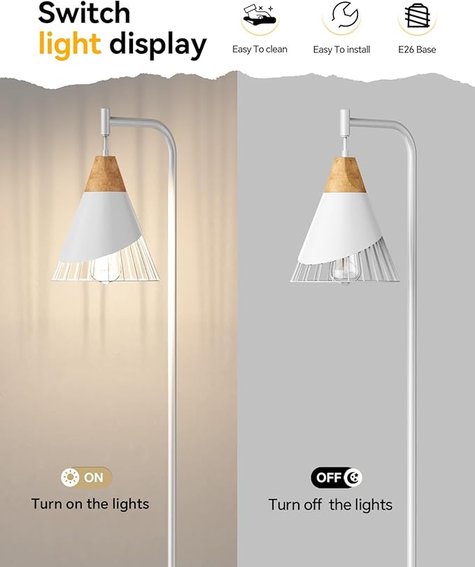 67" Industrial Floor Lamp with Wood & Black Metal Shade, Modern Standing Lamp, Rustic Farmhouse Tall Lamp for Living Room Bedroom Office, 2700K Bulb & Foot Switch Included (White)