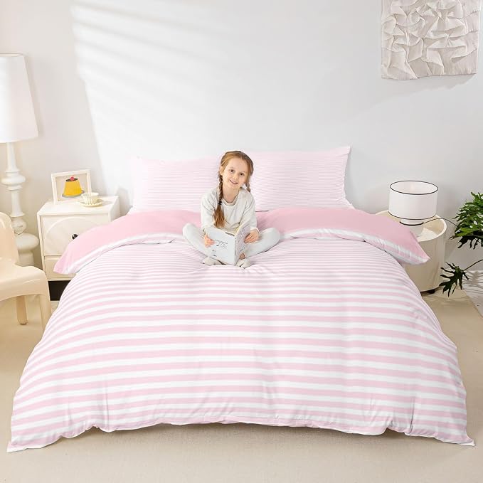 Erosebridal Pink White Stripe Duvet Cover Queen Geometric Ticking Stripes Bedding Set for Kids Teens Farmhouse Vertical Stripes Comforter Cover Modern Abstract Bed Set, 2 Pillowcases