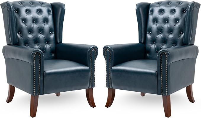PU Leather Accent Chair Set of 2, Modern Upholstered Living Room Chair Sofa Chair with Wooden Legs, Wingback Armchair Club Chair for Bedroom,Study Room, Lounge (Dark Blue)