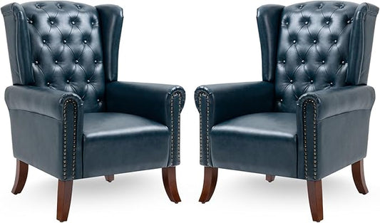 PU Leather Accent Chair Set of 2, Modern Upholstered Living Room Chair Sofa Chair with Wooden Legs, Wingback Armchair Club Chair for Bedroom,Study Room, Lounge (Dark Blue)