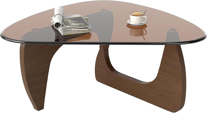 Modern Glass Coffee Table, Triangle Center Table with Tempered Glass Top& Unique Wooden Base, 35.5” Mid Century Tea Tables for Living Room, Apartment, Office,Walnut & Brown