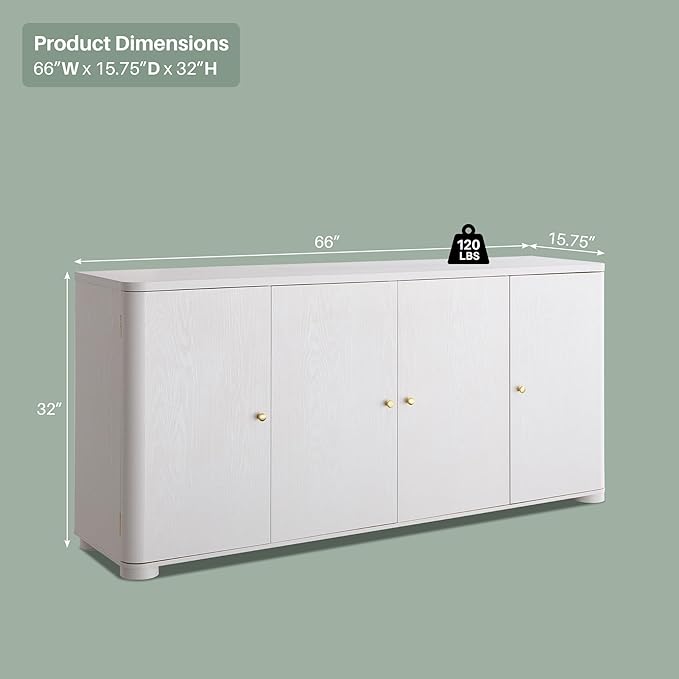 Curved Buffet Cabinet with Doors, 66" Large Sideboard Buffet Storage Cabinet with 4 Doors and Shleves, Modern Coffee Bar Station Wood Kitchen Table for Kitchen, Dining Room, White