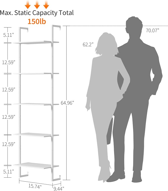 5 Tier Industrial Ladder Bookshelf 15.74" Dx9.44 Wx62.99 H, Wall Mounted Bookcase with Metal Frame for Home Office, Living Room, Study，White