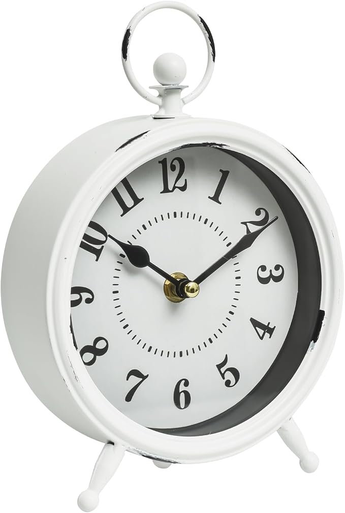 Small white table clock Vintage Rustic White Table Clock on Stand, Decorative Desk and Shelf Clock Farmhouse Mantel Clock Rustic Non-Ticking Clock