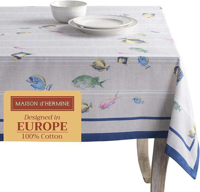 Maison d' Hermine Table Cloth Rectangle Table 100% Cotton 54 x 72 Inches Tablecloth Reusable Decorative for Dining Room Farmhouse Home Valentines Day Decorations Spring Summer - Poisson