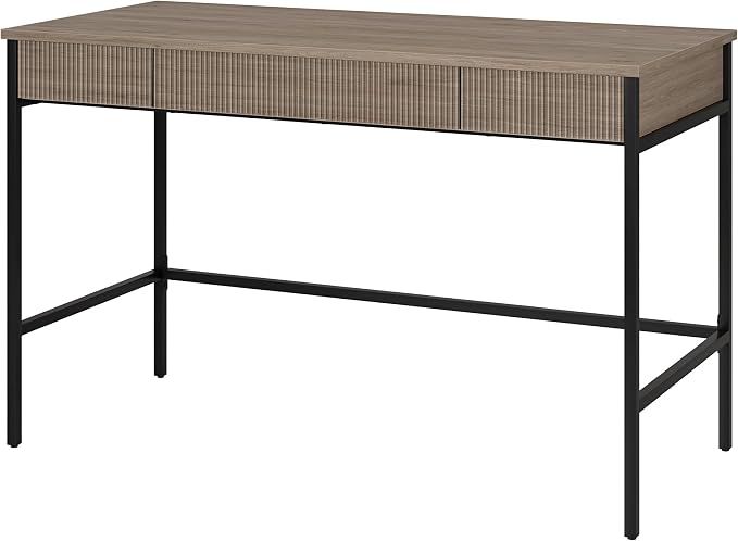 Henn&Hart 48" Fluted Mid-Century Modern Rectangular Wooden Home Office Desk Computer Desk Writing Table with 3 Ribbed Storage Drawers for Bedroom, Living Room, or Home Office, Weathered Gray