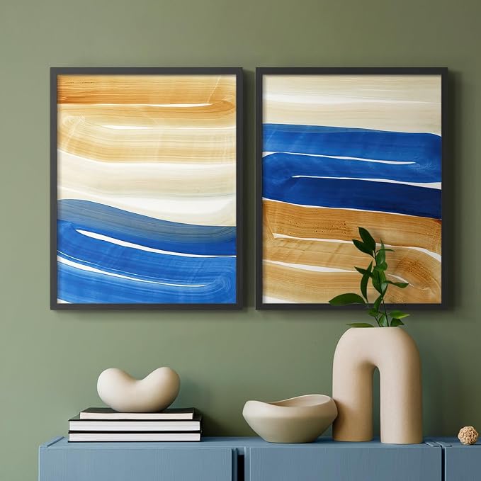 Renditions Gallery Set of 2 Peel & Stick Framed Prints, Abstract Wall Art, Blue and Gold Wave Textured Background Wall Decor, Re-Stickable - Ready to Hang - 22"x28" - Black Frame LT588