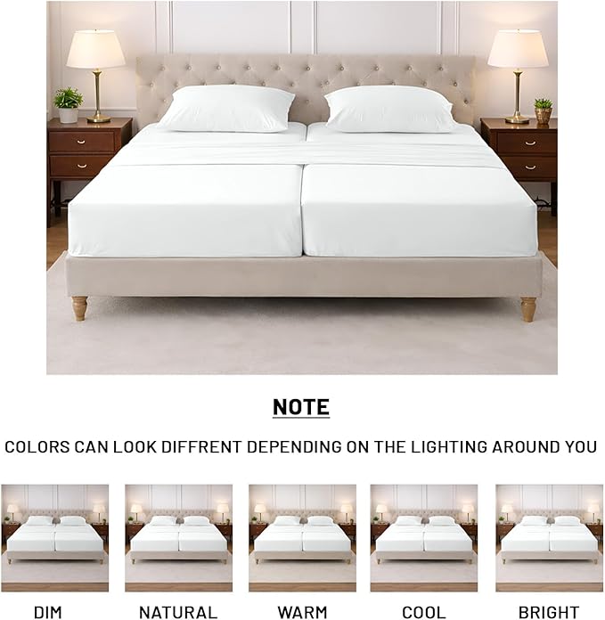 SGI Split King Sheet Set for Adjustable Bed Egyptian Premium Cotton 600 Thread Count Sheets for Sleep Number Bed 15" Deep Pocket 5 Pc Set with 2 Twin XL Fitted Sheets Soft Breathable - White