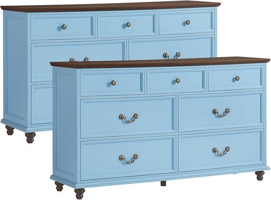 Farmhouse 7 Drawers Dresser Sets of 2 for Bedroom, Light Blue 54 Inch Wide Chest of Drawers w/ 4 Wooden Legs, Large Vintage Rustic Closet Dressers for Living Room, Wood TV Stand