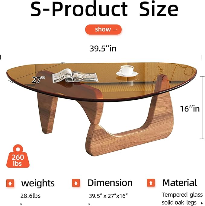 Mid Century Modern Glass Coffee Table, Coffee Table for Living Room, Noguchi Coffee Tables,Suitable for Bedroom Living Room Reception Office Tables (Walnut/Brown, ML)