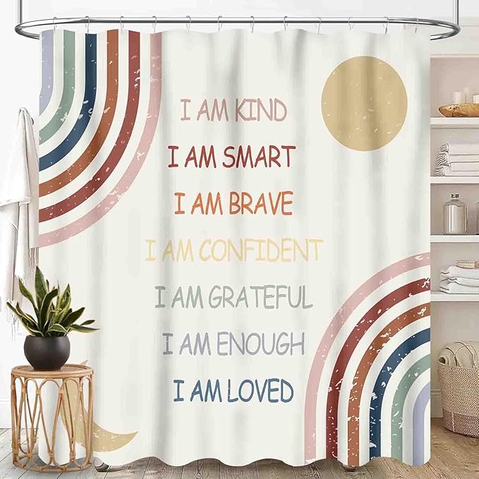 Rainbow Shower Curtain, Girls Boho Rianbow Quotes Inspirational Motivational Positive Colorful Pastel for Baby Kids Waterproof Fabric Bathroom Shower Curtain Set with Hooks, 72"x78" Inch