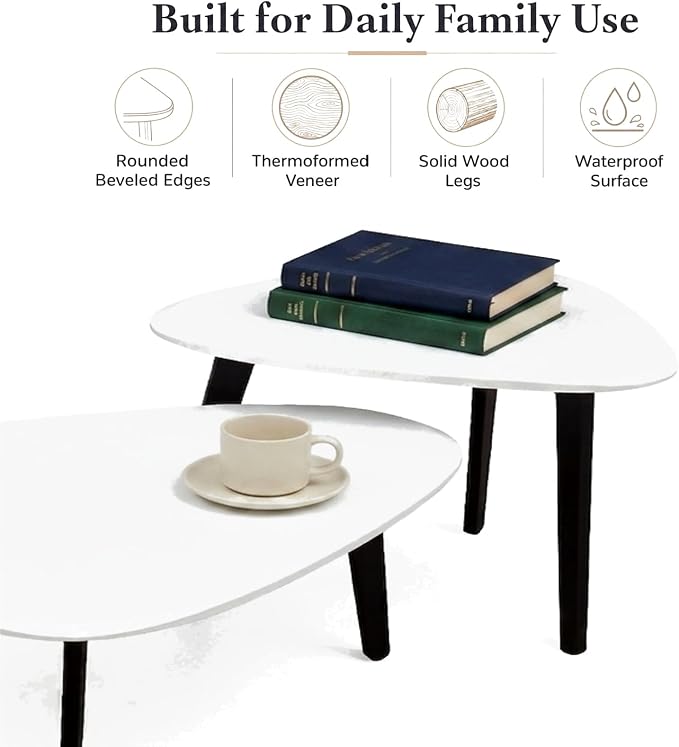 Nesting Coffee Table Set of 2-Mid Century Modern Wooden Coffee Table,Guitar Pick Stacking Tables with Solid Wood Legs,Small Coffee Tables for Small Spaces,Living Room,Apartment (White)