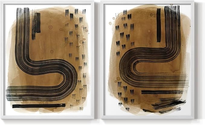 Renditions Gallery Set of 2 Peel & Stick Framed Prints, Abstract Wall Art, Hand Drawn Ink Curves Wall Decor, Re-Stickable - Ready to Hang - 22"x28" - White Frame LT588
