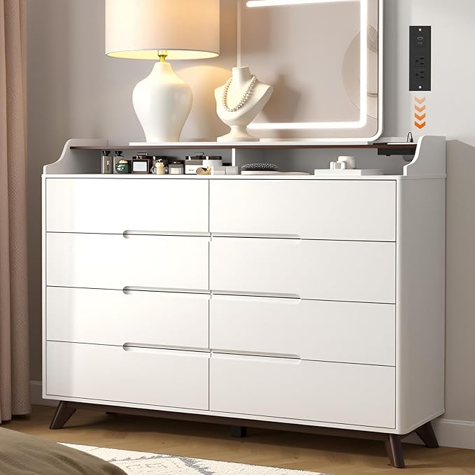 Dresser for Bedroom with 8 Drawers, 55" Large Dresser & Chest of Drawers with Charging Station, Wood Closet Clothes Storage Tall Dressers Organizer for Bedroom Living Room Hallway, White
