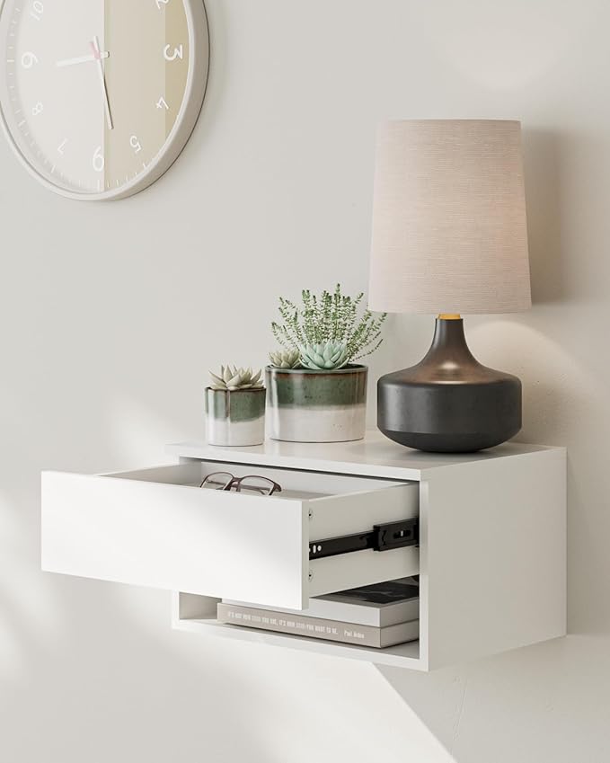 Floating Nightstand, Small Modern Floating Nightstand with Drawer, Floating Shelves for Bedroom, Bathroom (White)