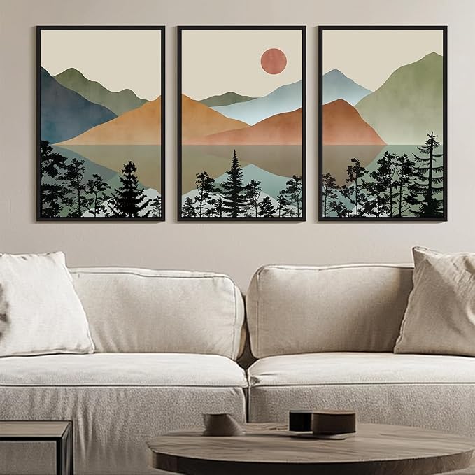 KUVIOKE Watercolor Mountain Framed Wall Art Nature Laker Landscape Painting Sun Rises Boho Farmhouse Rustic Room Decor 24x36in (Black Framed)