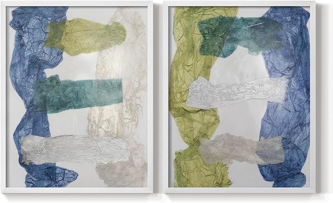 Renditions Gallery Set of 2 Peel & Stick Framed Prints, Elegant Abstract Wall Art, Dyed Cloth Texture Wall Decor, Re-Stickable - Ready to Hang - 16"x20" - White Frame LT588