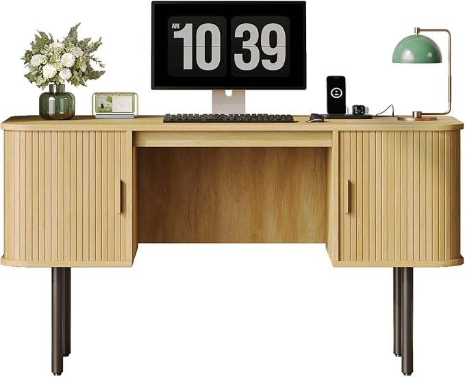 63 Inch Fluted Computer Desk with Power Outlets,Mid Century Wood Office Desk with Storge Cabinets & Sliding Door,Large Executive Desk for Office, Study, Living Room, Bedroom, Oak