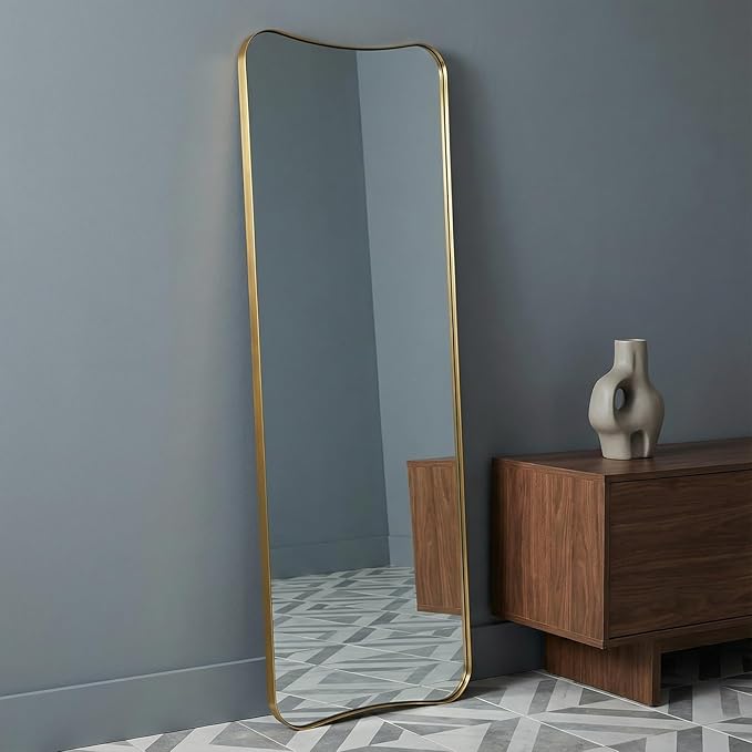 ANDY STAR 24" x 65" Full Length Mirror, Brushed Gold Floor Mirror with Premiun Stainless Steel Thin Frame, Antique Italian Curved Design, Wall Mountable or Leaning for Bedroom, Living Room, Cloakroom
