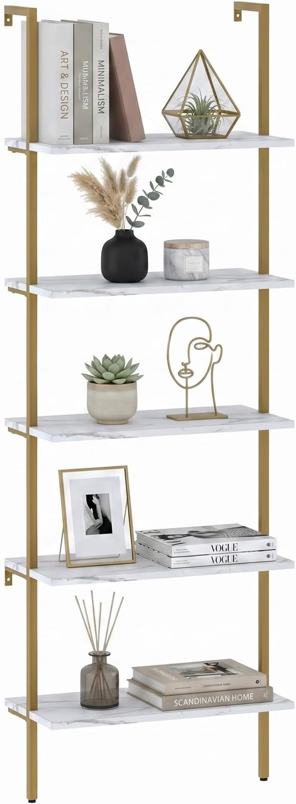 aboxoo Ladder Shelf White Marble Bookshelf 5-Tier Wall-Mounted Wood Rack Industrial Modern Plant Flower Stand Utility Organizer Open Bookcase Metal Frame Furniture Office Kitchen Bedroom