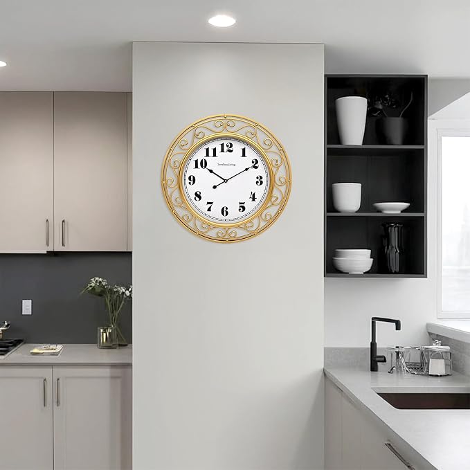 SwallowLiving 24 Inch Vintage Iron Large Metal Frame Gold Wall Clock Silent, Battery Operated, Elegant Retro Decor for Living Room, Kitchen, Office, Dining Room, and Bedroom