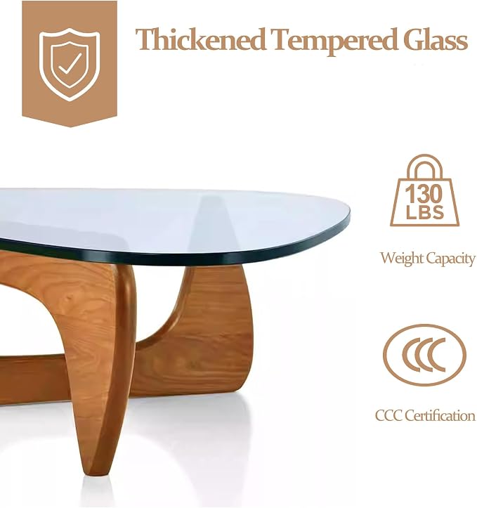 Glass Coffee Table, Mid Century Modern Coffee Table for Living Room, Mesa de Centro para Sala, Rustic Oval Center Table with Tempered Glass Top & Wood Base, Funky Coffee Tables