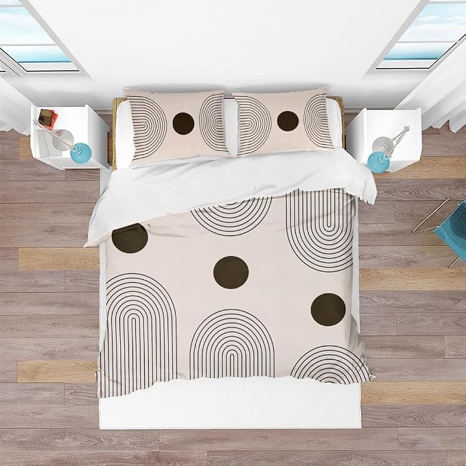 Mid Century Modern Duvet Cover King Boho Bedding Black Beige Abstract Geometric Bedding Set Comforter Cover Microfiber Soft Bedding Set 104"x88" Includes 1 Duvet Cover 2 Pillowcases