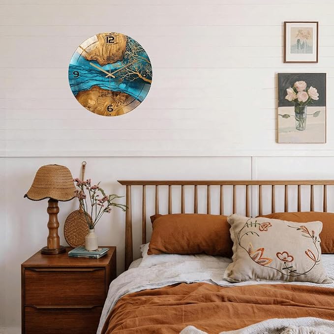 16 Inch Blue River Glass Wall Clock Silent Modern Art Decor | Silent glossy resin and wood-style wall clock perfectly tracks time, adding modern art to your living room