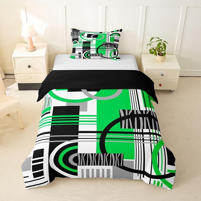 Erosebridal Art Deco Mid Century Duvet Cover Set Retro Modern Abstract Geometric Twin Bedding Sets for Girls Youth Boys Black and White Green Circles Stripes Comforter Cover Contemporary Bed Set