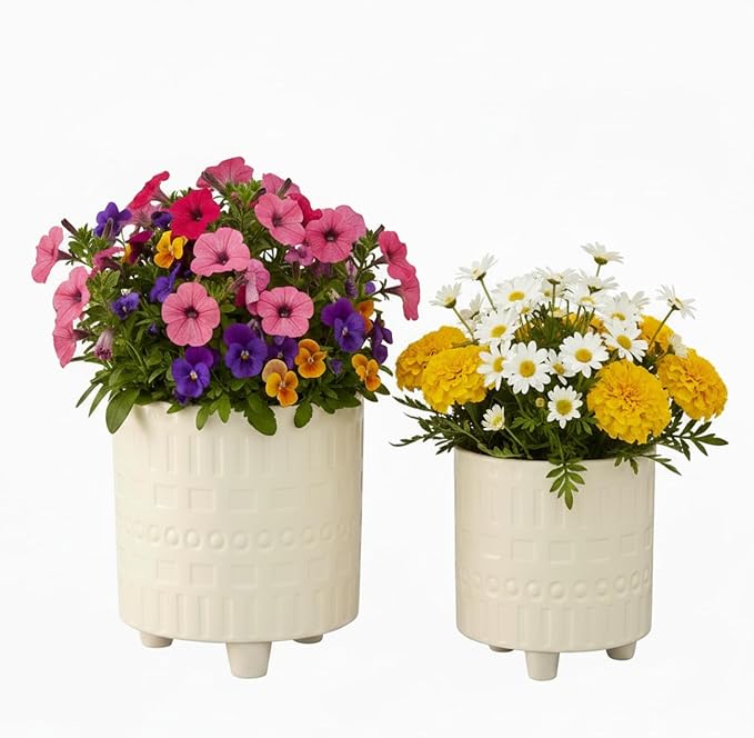 Urban Trends Ceramic Planter Set of 2 with Tripod Stand, Cream Gloss Pots with Debossed Contrasting Shapes Pattern, Decorative Plant Pots for Indoor Plants, Succulents, Shelf, Table Decor
