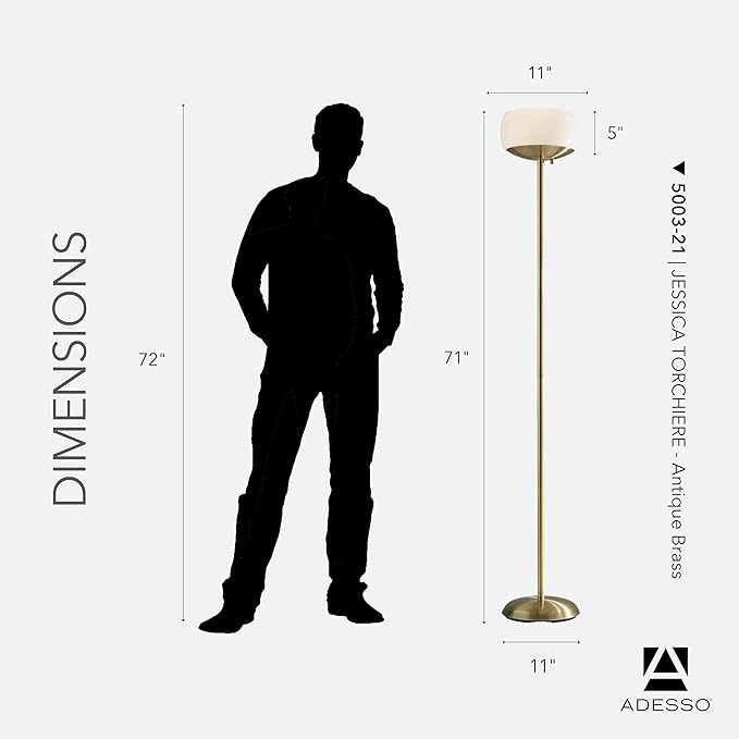 Adesso Antique Brass Torchiere Floor Lamp with White Opal Glass Shade - 300W Double Socket Construction Accent Lighting for Bedroom, Living Room, or Home Office, 71” Tall