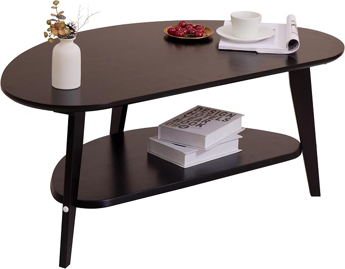 NAVREX Mid Century Modern Coffee Table, Oval Coffee Tables with Storage for Living Room, 2 Tier Solid Wood Center Table, Black Coffe Tables, Value Lies in Material, Easy Assembly, 40.2"*22"
