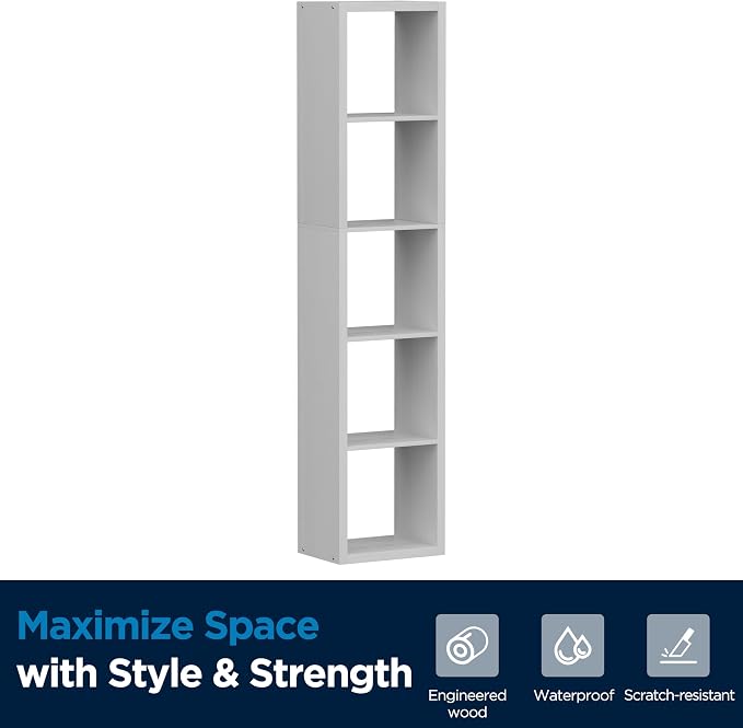 5 Cube Storage Organizer Single Row, Cube Shelf with Heavy-Duty Thick Boards, 13.31" L x 9.37" W x 60.55" H, Smooth Easy-Clean Panels, Simple Assembly, for Living Room Bedroom Office, White
